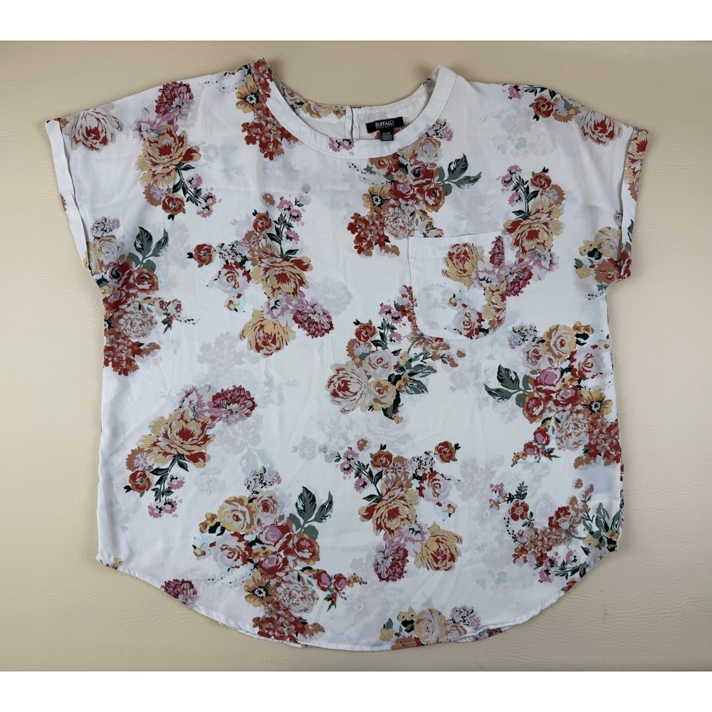 Buffalo David‎ Bitton Floral Blouse Womens XL White Short Sleeve Pocket Top